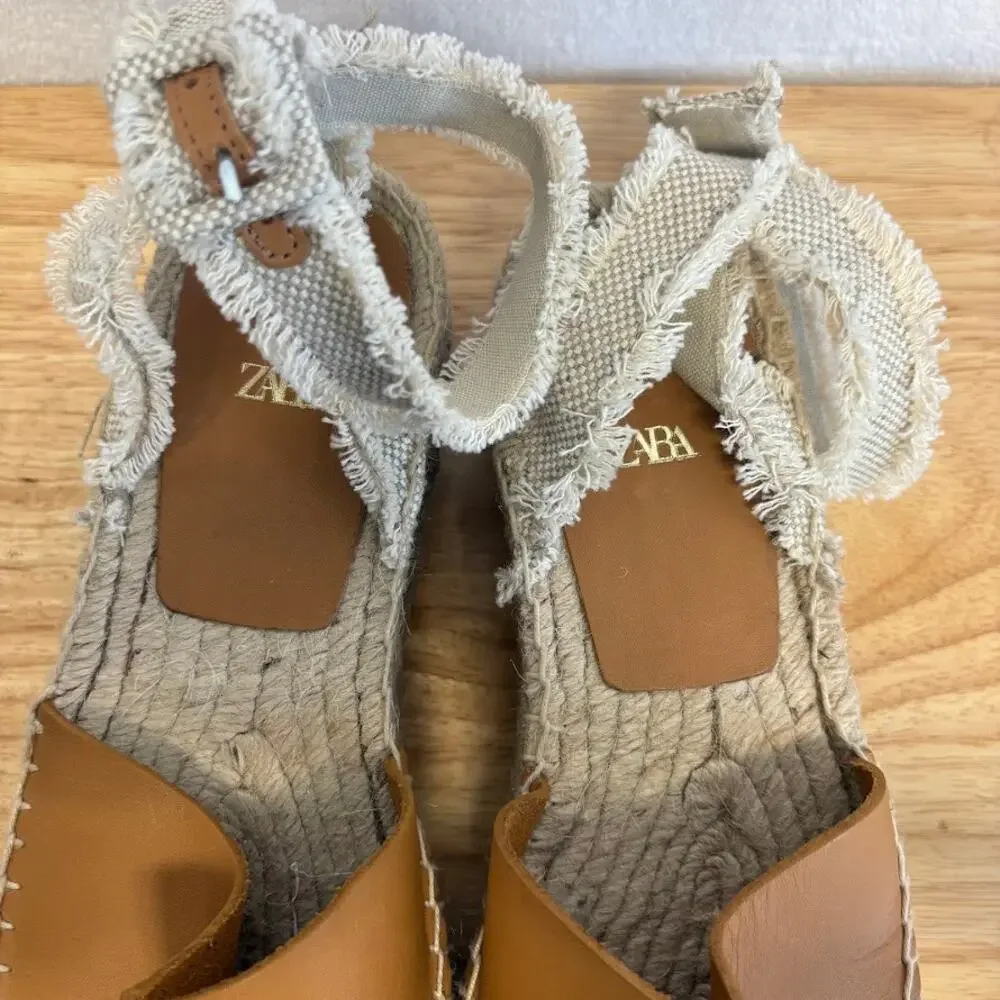 Zara Rope Sandals Platform Espadrille Ankle Buckle Tan Leather Sandal EU 39 US - Picture 10 of 13